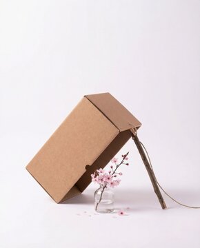 Cardboard box trap for cherry blossoms propped on stick with pink sakura bait branch on white background for spring floral marketing and copy space