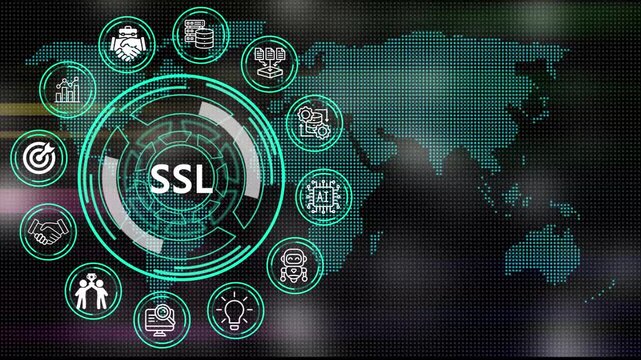 Digital SSL concept depicting processes and key elements for corporate management  on digital world map motion graphics with futuristic technology .4K