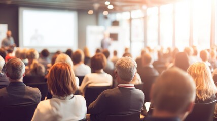 Fototapeta premium Conference Attendees Listening to a Presentation in a Bright Auditorium with Large Windows and Projector Screen