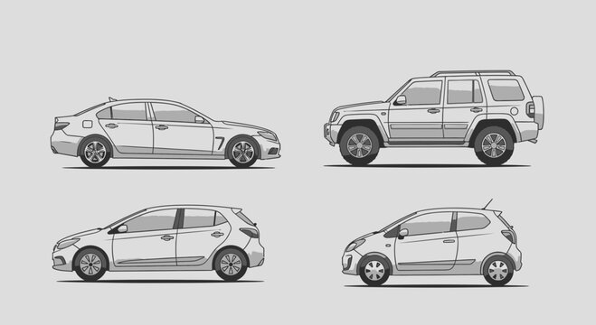 Set of Four Different Car Body Styles Side View Illustration