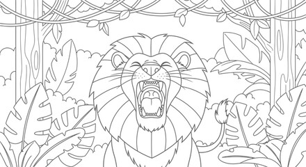 Roaring Lion in Jungle Coloring Page for Kids © leni