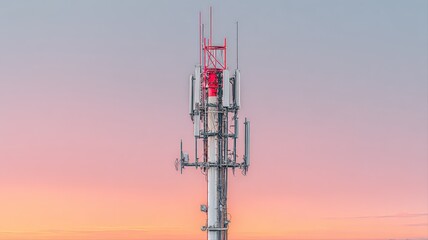Obraz premium Cell Tower Telecommunication Antenna Against Pastel Sky: Communication Infrastructure and Wireless Technology