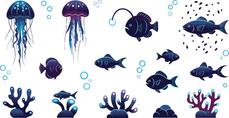 Deep sea marine life set with glowing fish jellyfish coral reef elements underwater fantasy aquatic vector illustration collection © Rubya