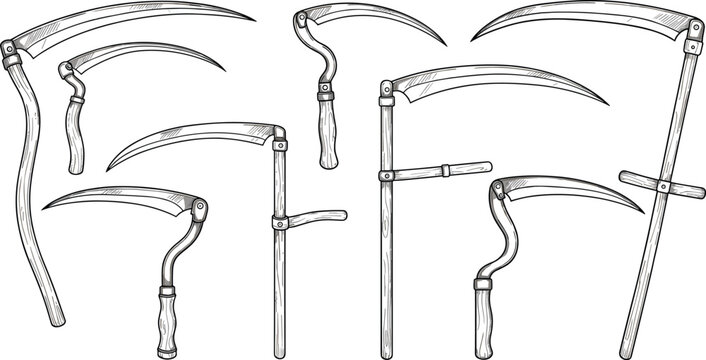 Vintage scythe tools collection with detailed harvest blades hand drawn engraving vector illustration