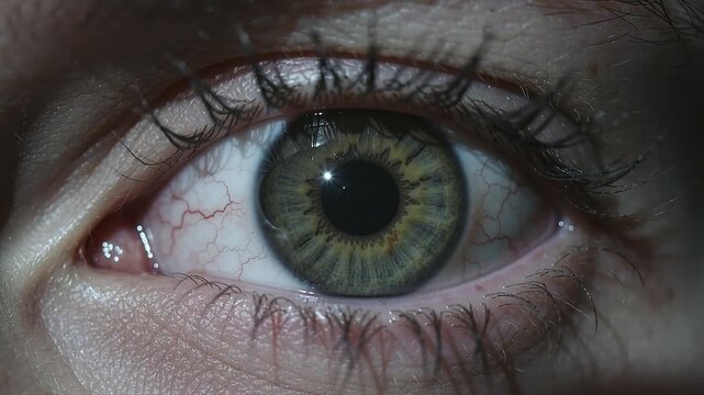 Extreme Close-up of a Hazel Eye in Panic and Fear with Dilating Pupil