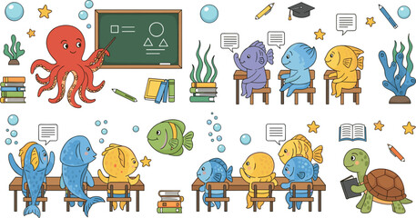 Deep sea marine life set with glowing fish jellyfish coral reef elements underwater fantasy aquatic vector illustration collection © Rubya