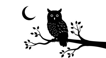 Black owl perched on tree branch under crescent moon night scene in silhouette © Pabitra