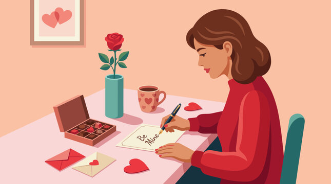 A woman peacefully writing a note at a table adorned with chocolates and a rose, conveying themes of affection, care, and the beauty of small gestures in relationships and emotions.