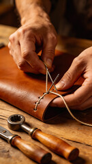 Primer plano de manos cosiendo cuero marrón con agujas e hilo sobre un banco de madera. Artesanía tradicional y marroquinería DIY en un taller rústico.