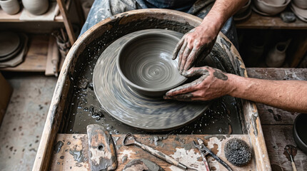Primer plano de las manos de un alfarero dando forma a un cuenco de barro en un torno giratorio. Taller artesanal auténtico con herramientas tradicionales y salpicaduras de lodo gris.
