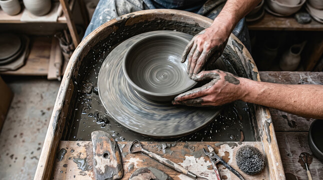 Primer plano de las manos de un alfarero dando forma a un cuenco de barro en un torno giratorio. Taller artesanal aut&eacute;ntico con herramientas tradicionales y salpicaduras de lodo gris.