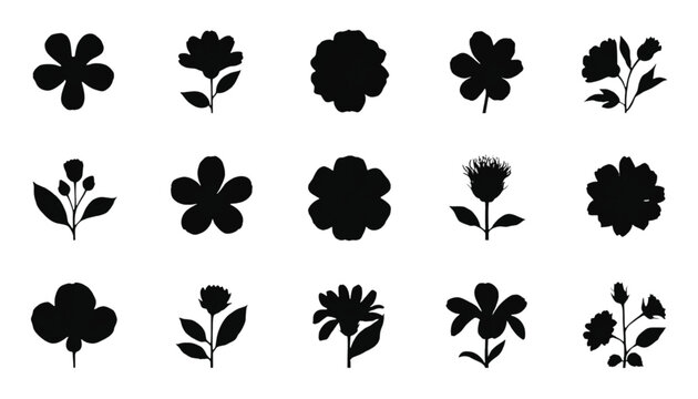 Fifteen various flower head and small branch silhouettes are arranged in three horizontal rows upon a white.