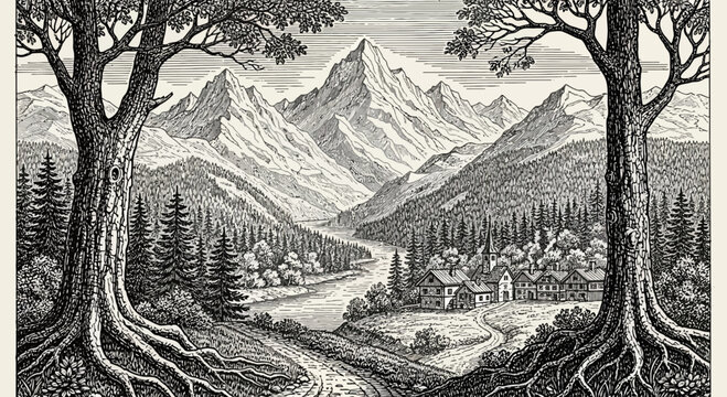Engraving Style Mountain Landscape with Village and Forest