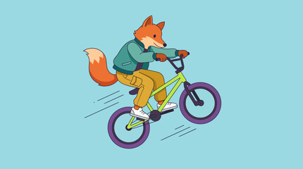 Naklejka premium An animated fox showcases agility and style while performing a stunt on a BMX bike, embodying a fun and playful spirit in vibrant colors against a bright backdrop.