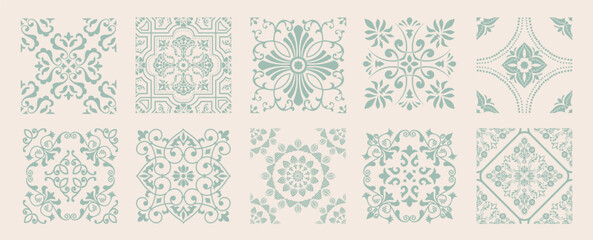Set of 10 tiles azulejios. Mediterranean tile, seamless patterns. Spanish, Sicilian, Portuguese, Italian traditional ornaments. Set of floral mosaic designs with ethnic motifs. vecto © nataliiaku