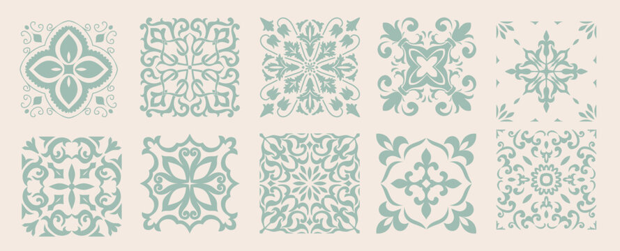 Set of 10 tiles azulejios. Mediterranean tile, seamless patterns. Spanish, Sicilian, Portuguese, Italian traditional ornaments. Set of floral mosaic designs with ethnic motifs. vecto