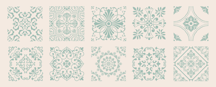 Set of 10 tiles azulejios. Mediterranean tile, seamless patterns. Spanish, Sicilian, Portuguese, Italian traditional ornaments. Set of floral mosaic designs with ethnic motifs. vecto