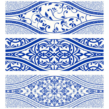 Set of Majolica tiles, blue and white azulejo, original traditional Portuguese and Spain decor. Seamless border with Victorian motifs. Vector illustration.