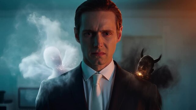 Business Professional Facing Moral Conflict with Angel and Devil on Shoulder