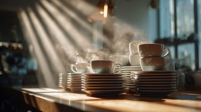 Stacked cups and plates with steam rising in a busy cafe during morning hours