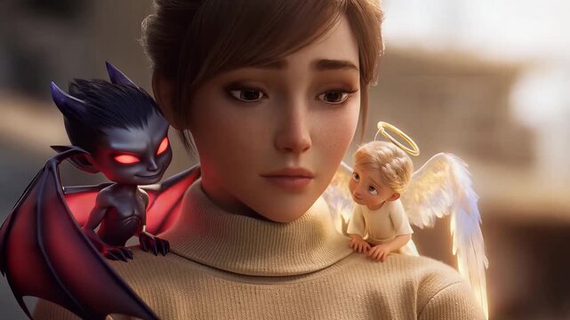 3D Render of a Woman with Angel and Devil on Shoulder Representing Moral Dilemma and Conflict