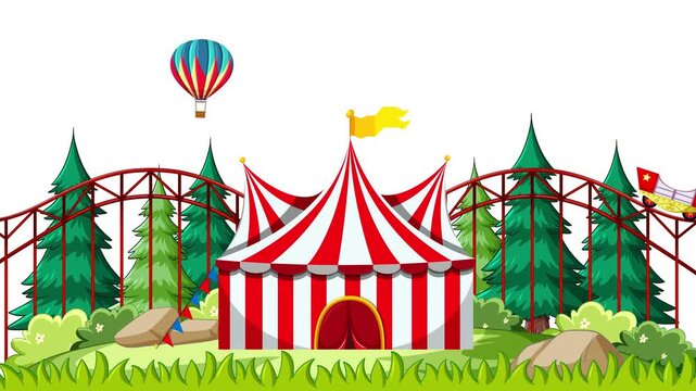 Animated Carnival Scene with Roller Coaster and Hot Air Balloons