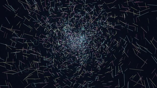 Luminous data pulses travel through massive bundles of twisting fiber optic capillaries. This routing network visual is perfect for 5G and telecom brand films or a premium tech presentation background