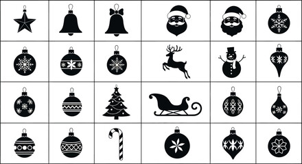 Black and white christmas icons set including ornaments santa reindeer and sleigh on a grid background © Kamola