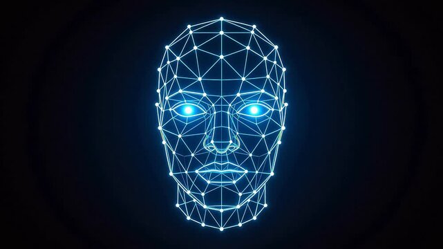 Glowing blue wireframe human face mesh on black background &mdash; futuristic AI, biometric scanning, digital identity, and facial recognition technology concept.