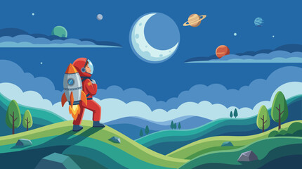 An imaginative illustration showcasing a child-like astronaut standing on green hills, gazing up at a colorful array of planets and stars floating in a bright blue sky. © Dachuan