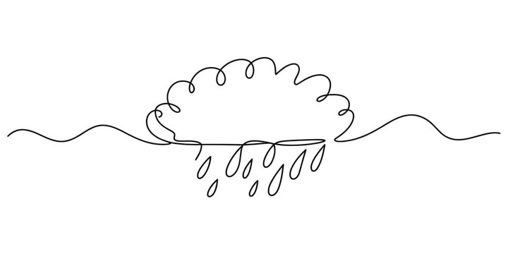 A minimalist single line drawing of a fluffy rain cloud floating above a simple wavy horizon line Vector, illustration