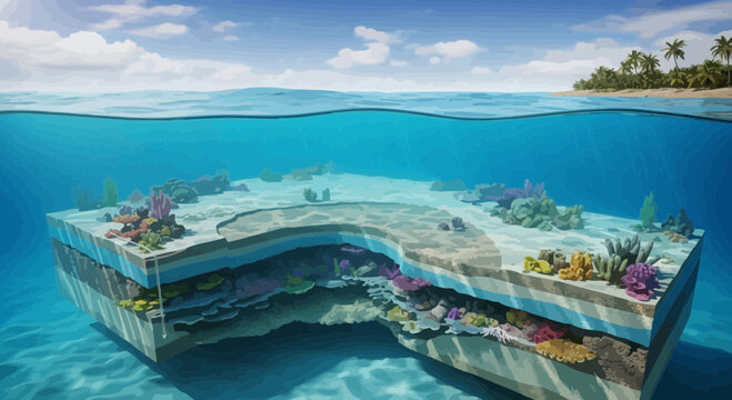 Cross Section of Coral Reef Ecosystem with Marine Life and Underwater Geology