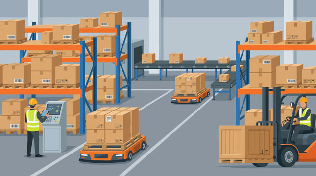 A bustling warehouse environment with workers handling boxes and automated systems, emphasizing logistics, teamwork, and efficiency in product management and distribution.