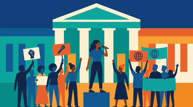 A diverse group of activists passionately protesting outside a historic building, advocating for change and showcasing the importance of social awareness and democratic participation.