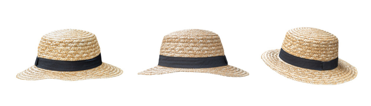 Summer straw hat set png isolated on transparent background in Panama fashion hat style for summer beach vacation sun screen protection for men and women