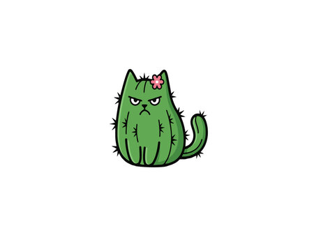 Sarcastic cartoon of a grumpy green cat shaped like a cactus with prickles and a pink flower