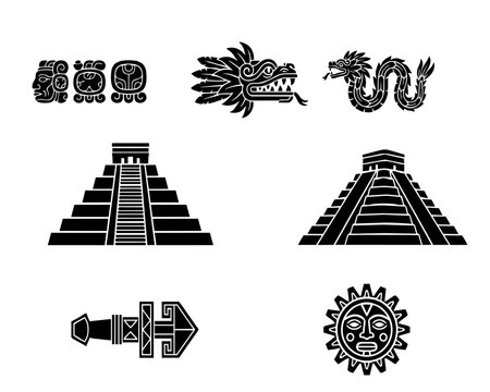 Set of minimalist vector icons featuring Mesoamerican symbols: Aztec sun god, Mayan pyramids, feathered serpent Quetzalcoatl, ancient hieroglyphs, and ceremonial artifacts in black and white style