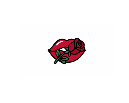 Red lips biting a red rose flower, vector illustration in pop art tattoo style isolated on white background.