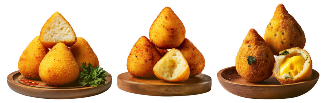Fried Brazilian coxinhas cone snack filled shredded chicken cheese with golden crispy texture isolated on white background