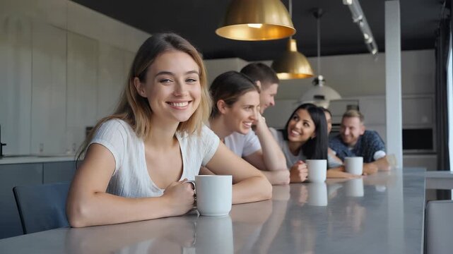 A smiling Caucasian woman enjoys a moment as her colleagues share a joke over mugs of coffee. They are gathered in a cafe during a relaxed morning gathering
