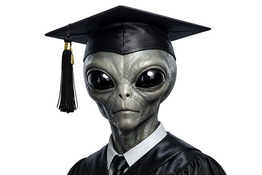 Grey alien wearing black graduation cap and gown isolated on white background education concept