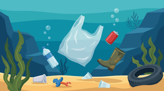 An alarming underwater view showcasing marine debris including plastic, cans, and other waste, emphasizing the critical issue of ocean pollution and environmental awareness.