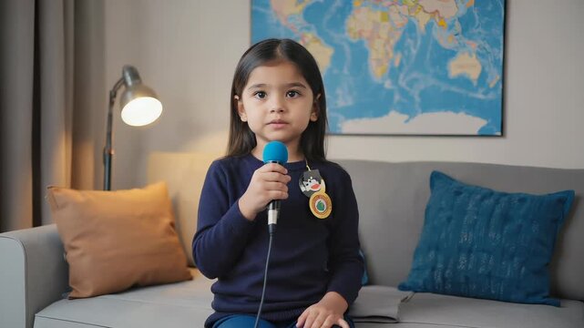 A young girl wears a journalist badge and holds a toy microphone. She practices interview questions in a living room designed to look like a mini newsroom