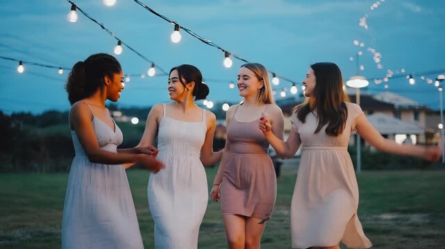 Women dance together at an outdoor party. They smile and laugh while surrounded by string lights in the evening sky. This moment captures joy and connection among friends