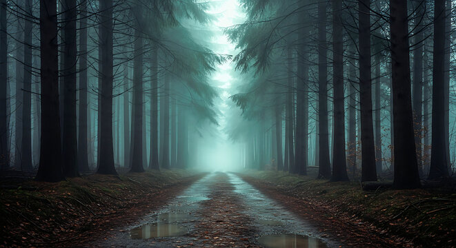 A dark forest with a road and trees