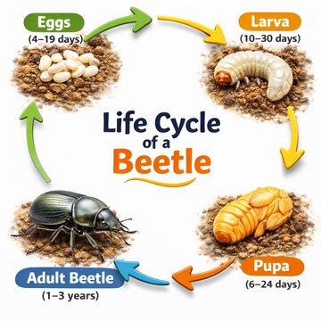 A semi-realistic 3D diagram showing beetle life cycle stages arranged in a circular flow. With eggs, larva grub stage, pupa stage, and adult beetle with detailed shell texture and bright natural color