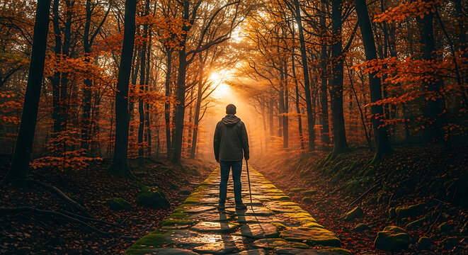 A man stands on a path in a forest during autumn