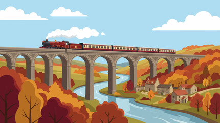 A vintage train travels over a beautiful viaduct surrounded by autumn foliage, highlighting the charm of landscape travel and nostalgic railway experiences. © Haitao