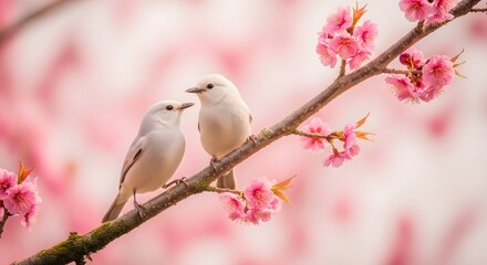 Fototapeta premium Two white birds perched on a flowering tree branch with pink blossoms in a natural outdoor setting with soft focus background
