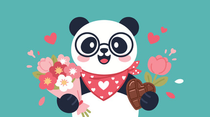 A delightful panda holds flowers and a chocolate heart, conveying joy and affection. This cheerful scene evokes feelings of love and happiness, perfect for gifts. © Haitao